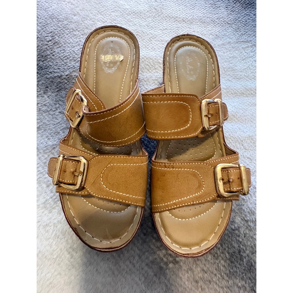 Italina Tan Brown Double Buckle Wedge Slide Sandals Women 41 Platform Comfort